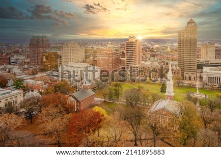 Aerial Downtown New Haven during the fall with sun rays Royalty-Free Stock Photo #2141895883