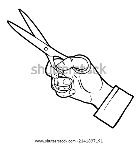Outline of man hand with scissors, vector illustration isolated on white