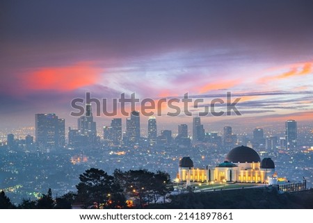 Los Angeles, California, USA downtown skyline from Griffith Park at twilight.