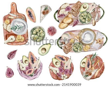 Hand painted watercolor food and fruit clipart set. Table settings. Designed for stickers, pattern, print, sublimation. Avocado, pears, olives, figs, bread, eucalyptus leaves illustration.