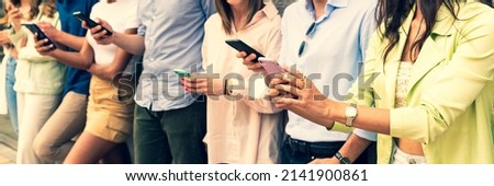 Young multiracial people using smartphone – group multi ethnic friend with smart phone – diverse person in chat mobile cell – mixed race people addiction technology – horizontal banner