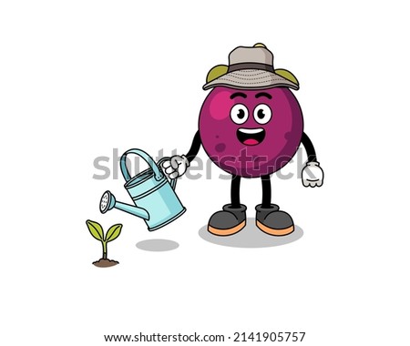 Illustration of mangosteen cartoon watering the plant , character design