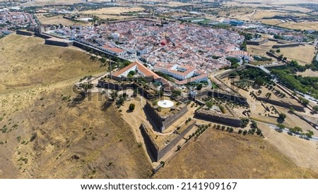 Aerial drone view of fortifications, Garrison Border Town of Elvas and its Fortifications. Unesco world heritage Portugal. Historic site. Touristic destination for holidays. Portugal, Alentejo, Elvas. Royalty-Free Stock Photo #2141909167