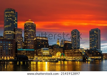 Panoramic view of Boston cityscape at night, USA
