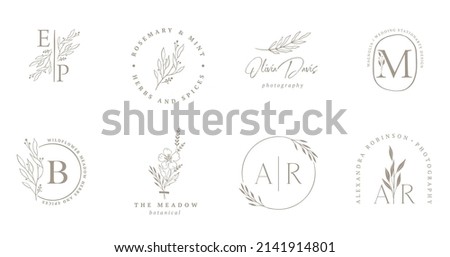 Elegant, botanique logo collection, hand drawn illustrations of flowers, leaves and twig, delicate and minimal monogram design Royalty-Free Stock Photo #2141914801