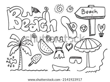 Beach doodles.summer symbols, such as ice cream, palm tree, sunglasses, cactus and watermelon.  Vector illustration.
