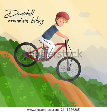 Vector illustration with a cyclist descending from a slope against the background of nature, forest. The concept extreme sports, risk, downhill mountain biking. Royalty-Free Stock Photo #2141929285