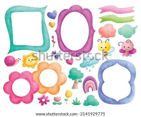 water color style frame with cartoon animals, flowers and tree, doodles vector illustration