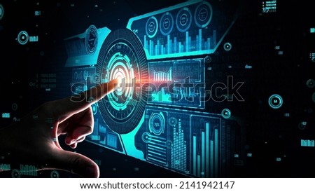 Big Data Technology for Business Finance Analytic conceptual. Modern graphic interface shows massive information of business sale report, profit chart and stock market analysis on screen monitor. Royalty-Free Stock Photo #2141942147