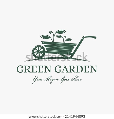 Vintage garden logo, gardening vector with old wheelbarrow and growing plant concept Royalty-Free Stock Photo #2141944093