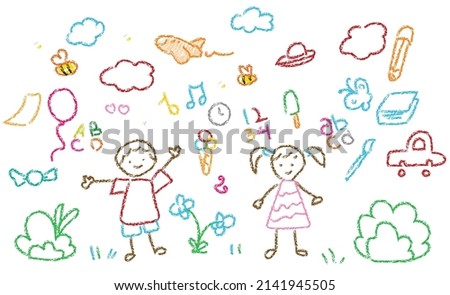 Child drawings with crayon. Kids doodle drawing, children crayon drawing and hand drawn kid ice cream, balloon and trees pastel pencil doodle vector illustration Royalty-Free Stock Photo #2141945505