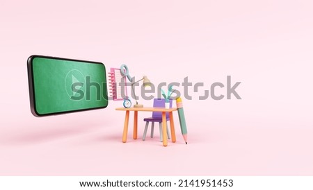 education study online world wide learning connect smartphone screen blackboard school work at home mobile application media video imagin kid clock table chair object. clipping path. 3D Illustration.
