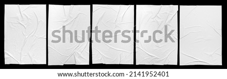 Blank white crumpled paper poster texture background. White paper wrinkled poster template, white paper sticker poster mockup on wall concept