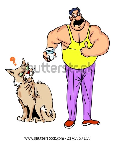 Muscleman and the cat cartoons. jpg clip art illustration.