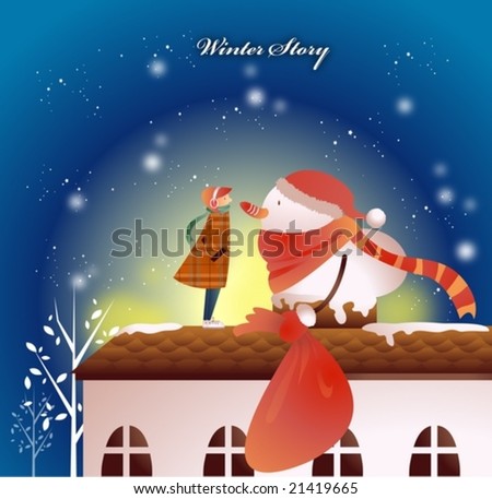 Mysterious Winter Story with a cute young boy and a fantastic big snowman on Merry Christmas on background with bright blue sky of beautiful night : vector illustration