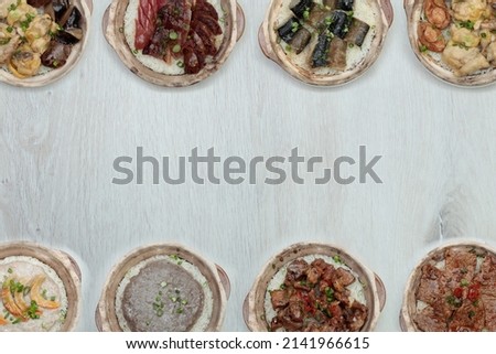Eight kinds of Hong Kong-style authentic claypot rice neatly put together food background picture material