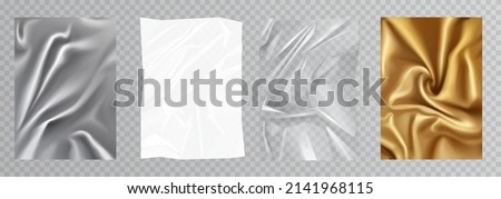 Plastic texture, silver gold foil and silk fabric cloth vector illustration set. 3d realistic crumpled package, golden luxury wrapper, polyethylene shiny silky material on transparent background Royalty-Free Stock Photo #2141968115