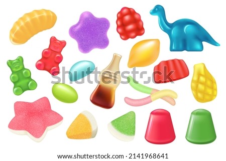 Gummy jelly candy set vector illustration. 3d cute sweet characters, colorful bears and cola bottle, funny marmalade worm, chewy sugar animal or fruit collection for children isolated on white Royalty-Free Stock Photo #2141968641