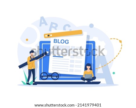 Content writer. Blog articles creation concept with people characters, freelance work business and marketing Royalty-Free Stock Photo #2141979401