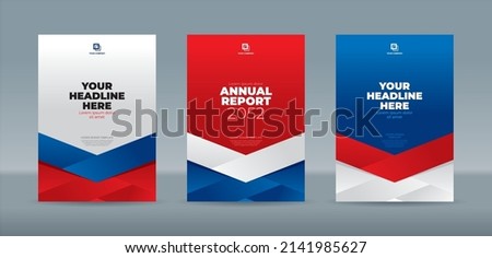 Modern red, blue, and white folded ribbon color theme book cover template A4 size book cover template for annual report, magazine, booklet, proposal, portfolio, brochure, poster