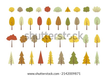TREES. Vector set of flat autumn trees, forest. Collection elements, various red, orange trees. Nature design flat icon of forest. Simple illustration. Minimal cute nature icons.