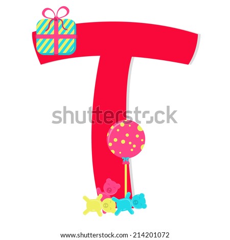 Letter "t" from stylized alphabet with candies. Letter "t" from stylized alphabet with candies: lollipop, gelatin teddy, gift. White background.