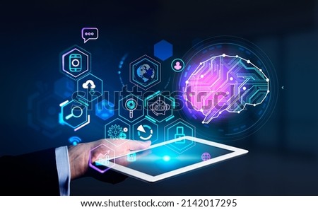 Businessman hand with tablet and screen, closeup. Hud hologram with brain, digital icons and connection. Concept of artificial intelligence
