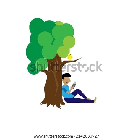 A man reading a book under the tree in the garden.