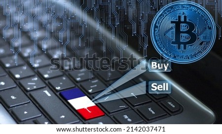 Keyboard with France flag on enter button with bitcoin coin hologram and online buy and sell concept.