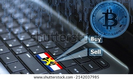 Keyboard with Benelux flag on enter button with bitcoin coin hologram and online buy and sell concept.