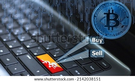Keyboard with Butane flag on enter button with bitcoin coin hologram and online buy and sell concept.