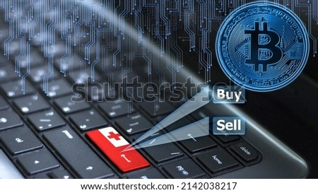 Keyboard with Tonga flag on enter button with bitcoin coin hologram and online buy and sell concept.