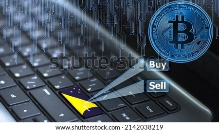 Keyboard with Tokelau flag on enter button with bitcoin coin hologram and online buy and sell concept.