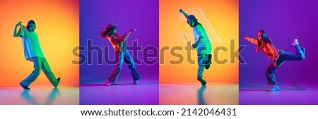 Yellow and purple. Collage with young man and woman, break dance or hip hop dancers dancing isolated over multicolored background in neon. Youth culture, movement, music, fashion, action.