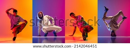Street style dance battle. Composite image with men dancing breakdance isolated on gradient orange and purple background. Youth culture, hip-hop, movement, style and fashion, action. Royalty-Free Stock Photo #2142046451