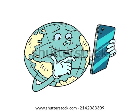 planet earth character with phone, global connection, internet