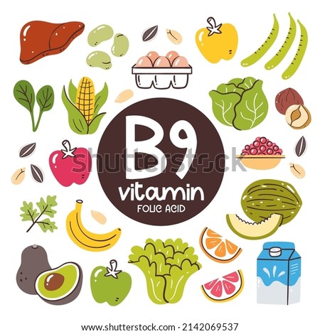 Food products with high level of Vitamin B9 (Folic acid). Cooking ingredients. Fruits, vegetables, milk, liver, eggs, nuts. Royalty-Free Stock Photo #2142069537