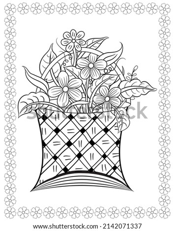 Bouquet of beautiful garden flowers in a vase, Black and white vector graphic illustration for a drawing book page