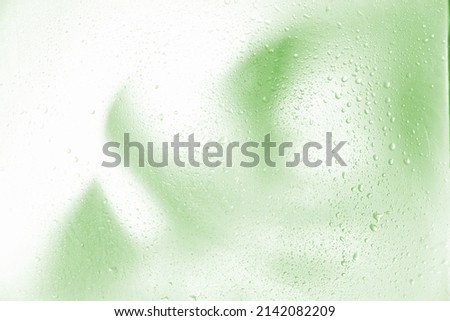 foggy background, blurry monstera leaf in white pair, water drops on glass. fog effect of palm leaves silhouettes behind. out of focus Royalty-Free Stock Photo #2142082209