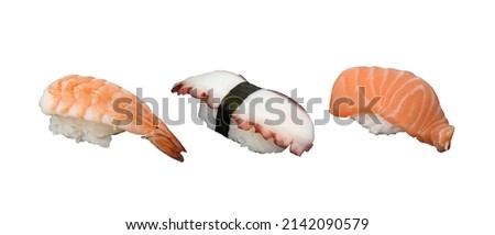 3 Pieces of Shrimp Sushi, Octopus Sushi and Raw Salmon Sushi, isolated on white background. Usable for any Japanese Restaurant as Picture Menu and for Japanese food concept.
