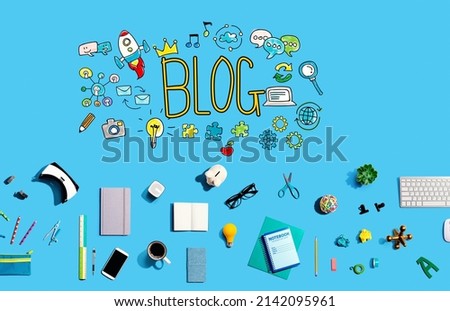 Blog theme with collection of electronic gadgets and office supplies