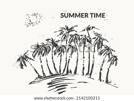 Hand drawn palm trees and sun black ink sketch set. Summer holiday background. Exotic plants, island vacation, tropical flora, travel design.