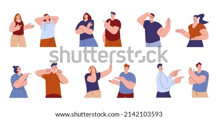 Ignoring people. Denial and close ears, human dont listen or looking at friends. Teenagers refuse parents advice, personal borders save. Emotional kicky vector set Royalty-Free Stock Photo #2142103593