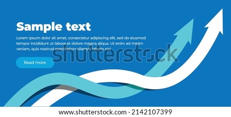Two intertwined white and blue arrows on a blue background with a block of text and a button. Banner or flyer template for advertising. The trend is up. growing up Royalty-Free Stock Photo #2142107399
