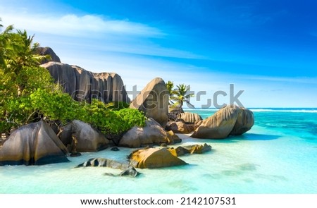 Paradise beach on the island of La Digue in the Seychelles. Anse Source D'Argent Royalty-Free Stock Photo #2142107531