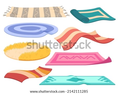 Cartoon carpets. Decoration rug, carpet for floor in living room or bedroom. Cozy home textile decorative elements, interior neat vector mat roll Royalty-Free Stock Photo #2142111285