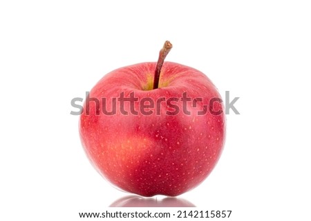 One ripe red apple, macro, isolated on a white background.