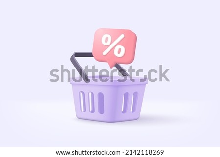 3d basket shopping with price tags for online shopping and supermarket concept. 3d basket products icon and promotion tag. Shopping bag for buy, sale, discount. 3d vector icon illustration Royalty-Free Stock Photo #2142118269