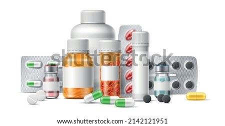 Realistic medications. Pill foil blisters and plastic bottles. Ampule with prescription drugs. Tablets and antibiotics. Different remedy package. Vitamins and painkillers Royalty-Free Stock Photo #2142121951