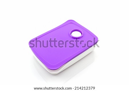 Purple Plastic box package on white background. 